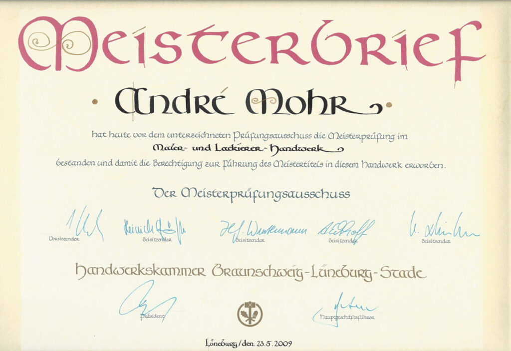 Meisterbrief von André Mohr, der die Meisterprüfung im Maler- und Lackierer-Handwerk bescheinigt.