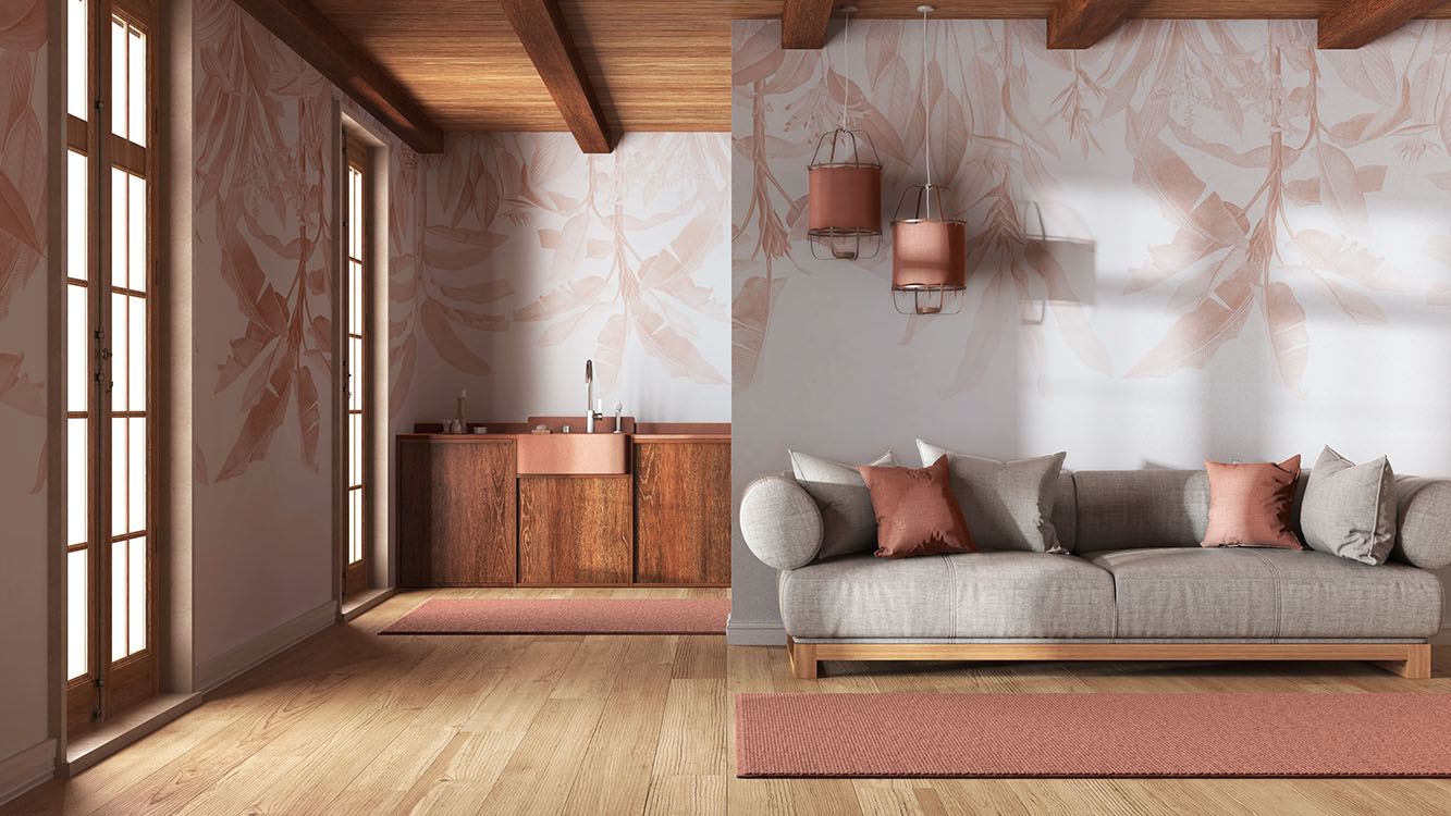 Moderne Wohnküche mit Holzdetails, eleganter Couch und sanften Farbtönen für ein harmonisches Ambiente.